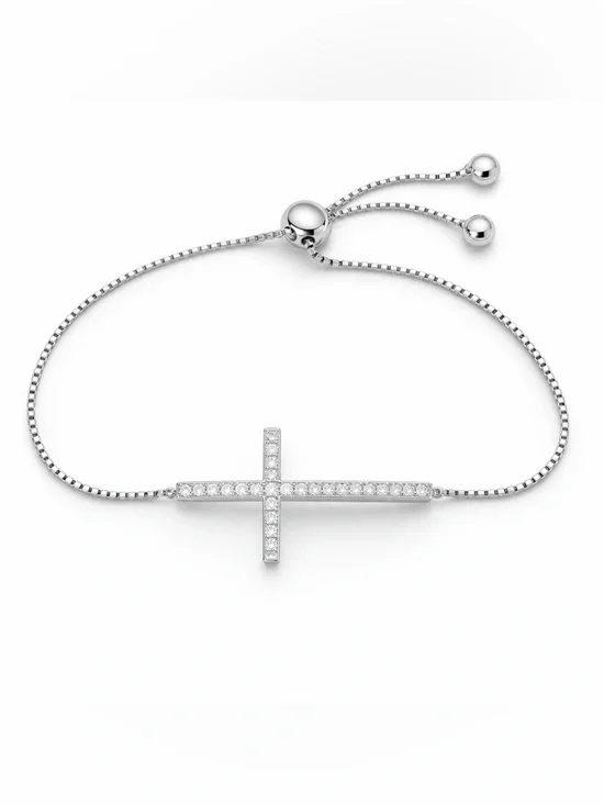 NWOT BS925 Sterling Silver Rhodium CZ Pavé Sideways Cross Adjustable Bolo Bracel - Picture 8 of 8